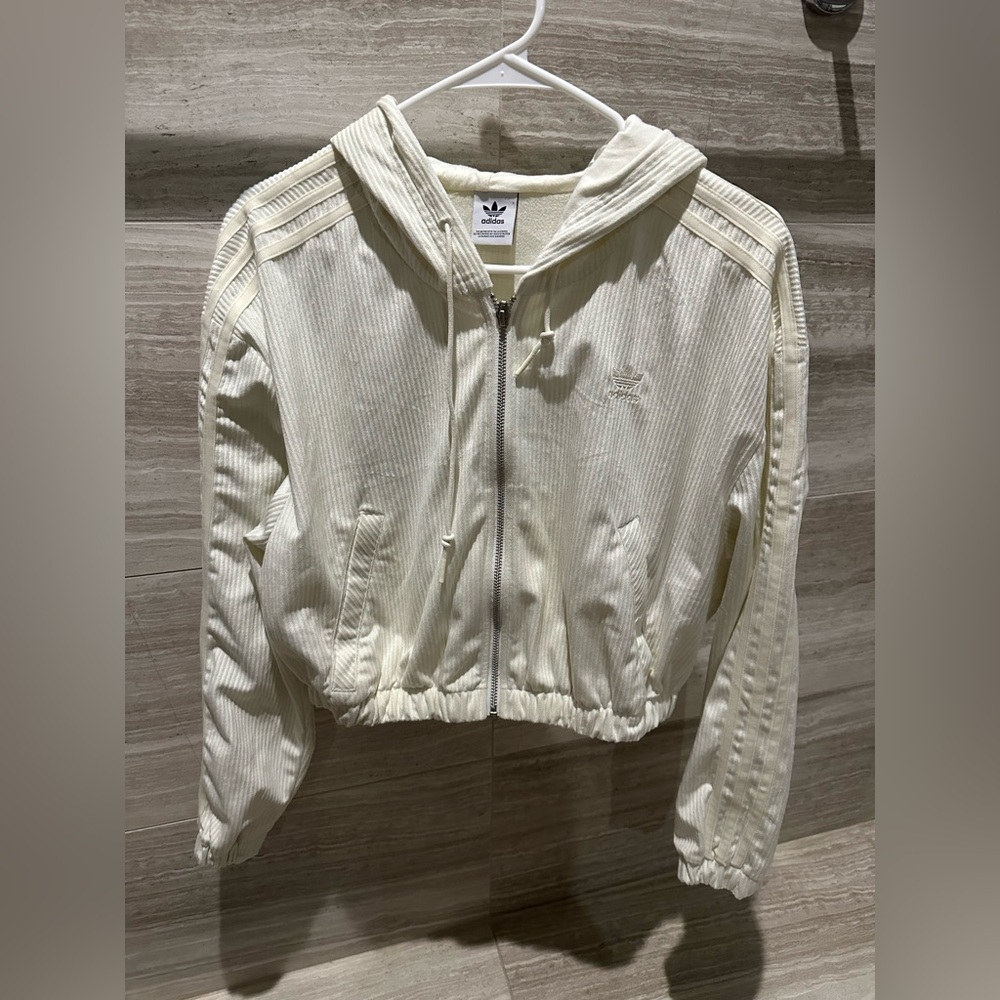 Adidas Cropped Corduroy Cream Hooded Jacket